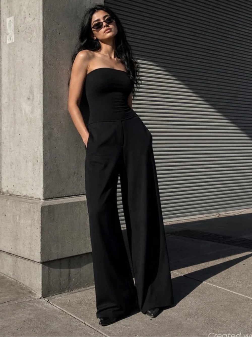 GAP x BÉIS Black Ribbed Strapless Wide Leg Jumpsuit Large with pockets